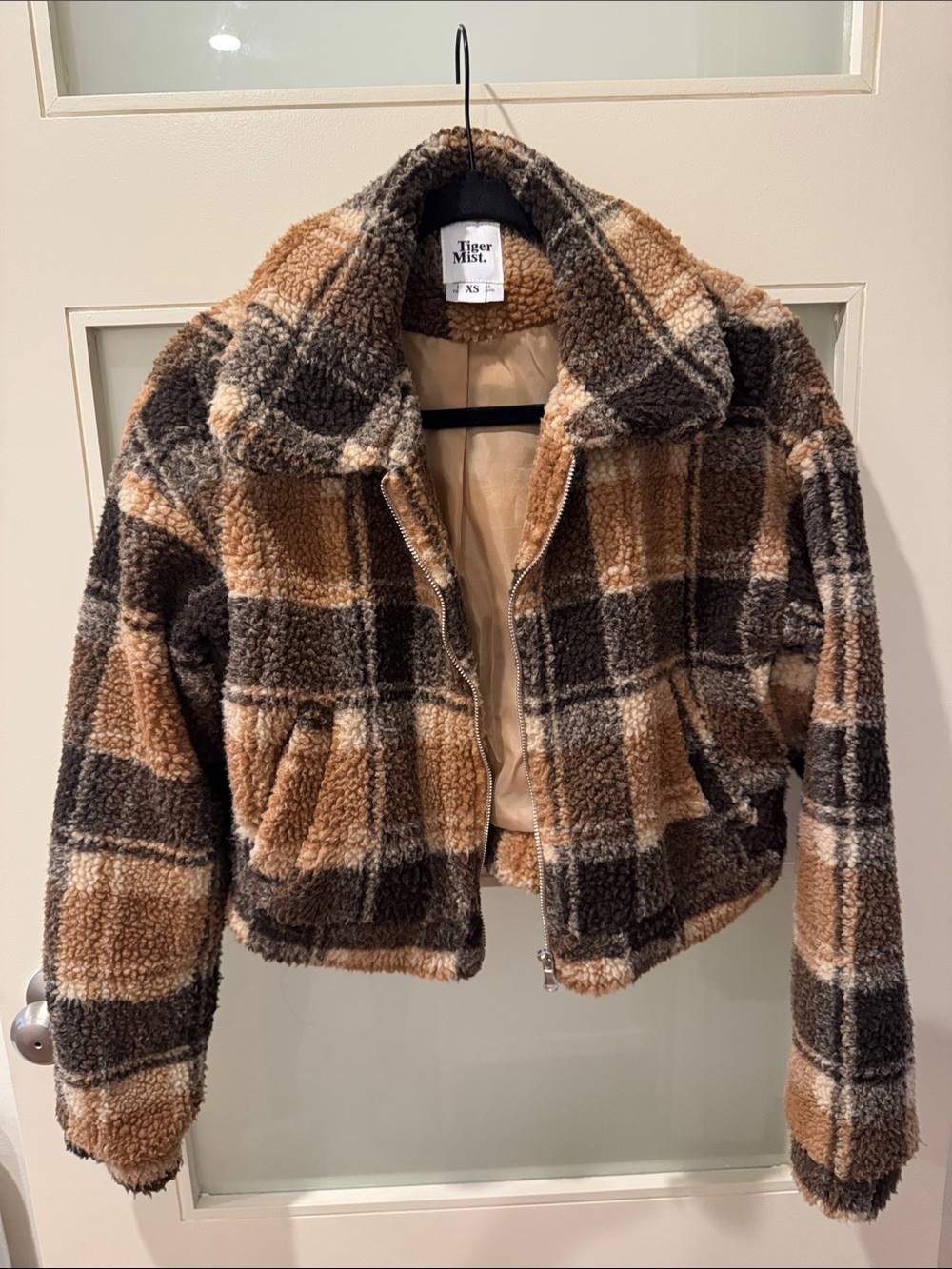 Tiger Mist Brown Plaid Cropped Teddy Jacket Size XS
